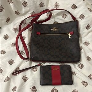 Coach Crossbody Bag in Brown and Red with Gold Accents
